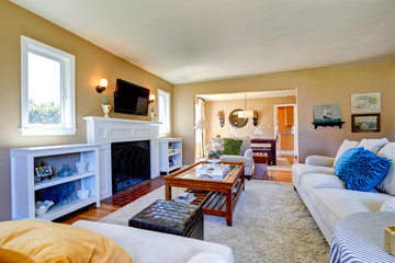 Beautiful living room interior with cozy fireplace