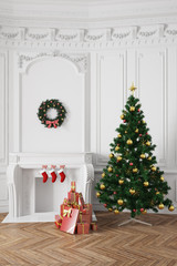 Weihnachtsbaum mit Geschenken neben Kamin