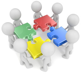 Mega Team.The dude x 8 holding disassembled puzzle pieces.