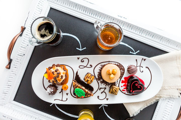 Tasting of wine and pattie chocolate pastries at the chocolate.