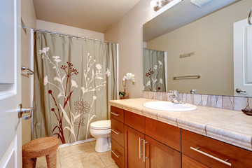 Bathroom interior with large mirror