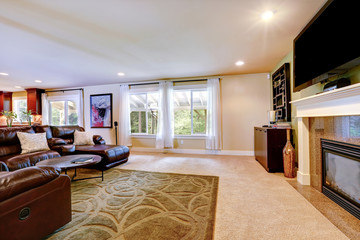 Bright living room with comfortable leather couch