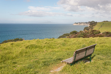 Naklejka na ściany i meble empty bench on green meadow above Long Bay