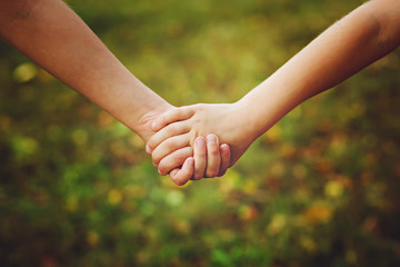Close up of children holding his hand in summer park outdoor.