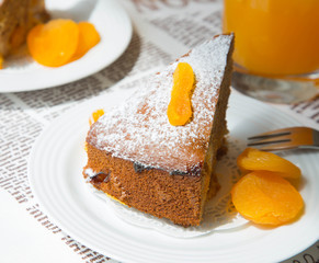 A piece of homemade apricot pie on the white plate