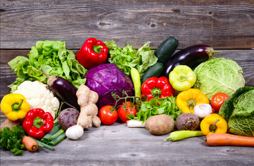 Huge group of fresh vegetables on wooden  table - Hight quality