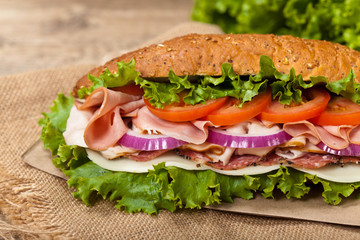 Deli Submarine Sandwich. Selective focus.