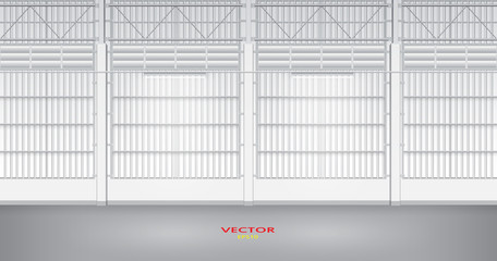 Industrial building vector. Use as factory, warehouse, storehouse, hangar or plant. Modern interior design with concrete floor, metal wall, steel structure and empty space for industry background.