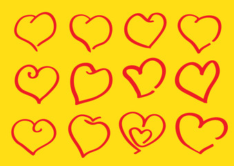 Childrens Doodles of Heart Shapes on Yellow Background