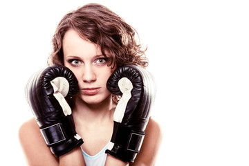 Sport boxer woman in black gloves. 