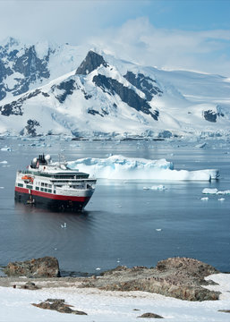 tourist ship that stands in the strait near the penguin colony