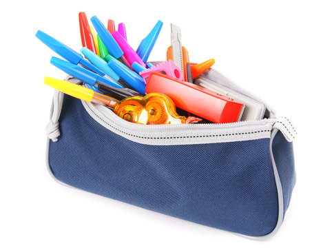 Bag with school tools on a white background.