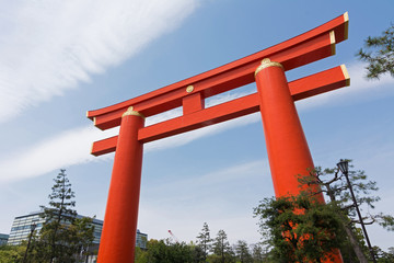 Red otorii of Heian Jingu Shrine in Kyoto Japan.