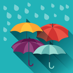 Fototapeta na wymiar Card with multicolor umbrellas in flat design style.