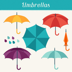 Set of cute multicolor umbrellas in flat design style. - obrazy, fototapety, plakaty