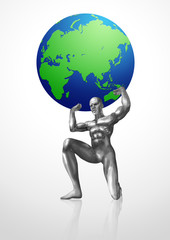 A chrome man lifting up the Globes