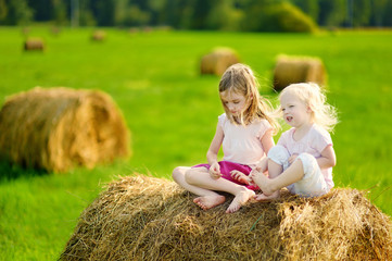Naklejka na ściany i meble Twio little sisters sitting on a haystack