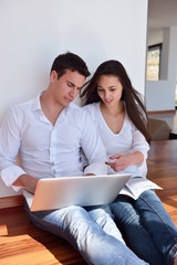 relaxed young couple working on laptop computer at home