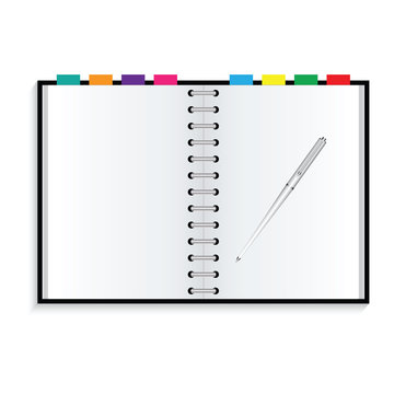 Notebook and pen on white background