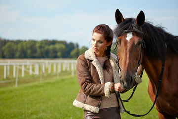 Fototapeta premium Girl and horse on the walk
