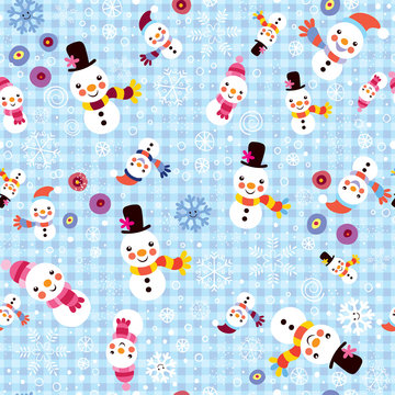 Christmas snowman & snowflakes winter seamless pattern