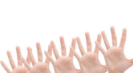 Open woman hand or number five isolated on white