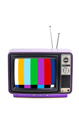 Vintage style old purple television isolated on white