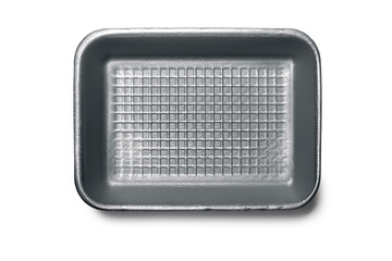 Black foam tray for food, isolated on white background