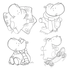 Muurstickers A set of hippopotamuses. Coloring book © liusa