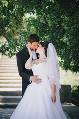 Fototapeta premium Happy bride and groom posing in a park