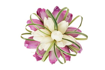Beautiful bouquet with white and purple tulips
