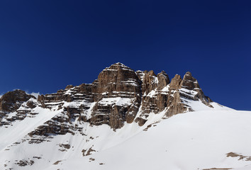 Panorama of snowy rocks at nice spring day