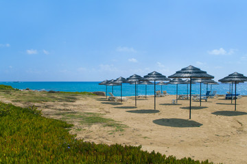 straw umbrellas on beach