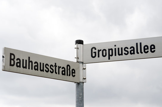 Street signs near Bauhaus building in Dessau, Germany