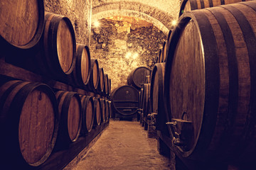  Wooden barrels with wine in a wine vault, Italy