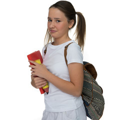 Young schoolgirl grimacing as she leaves for class