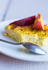 cottage cheese casserole with pasta and peaches, a teaspoon