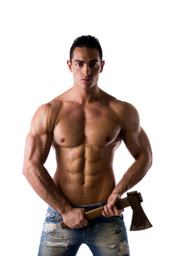 Shirtless male model with axe