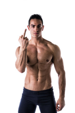 Male model holding up middle finger