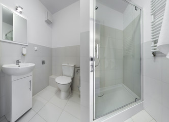 Fototapeta na wymiar Panorama of small and compact bathroom
