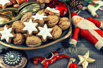 christmas cookies and walnuts with vintage decorations