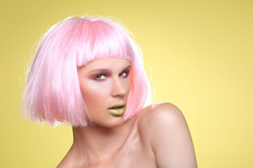 Fashionable Beautiful Woman Wearing a Styled Wig Closeup