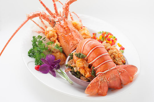 Steamed lobcter in vegetable decorations