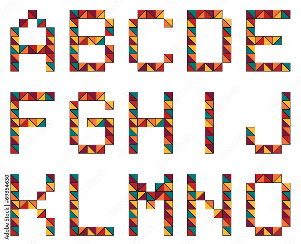 Poster set of 15 letters of alphabeth in geometric style made of colorf