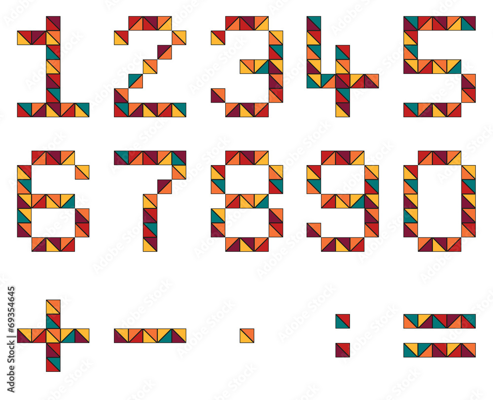 Poster set of numbers and math symbols in geometric style made of color