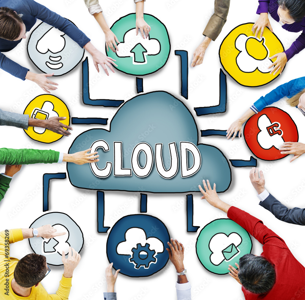 Poster aerial view of people and cloud computing concepts