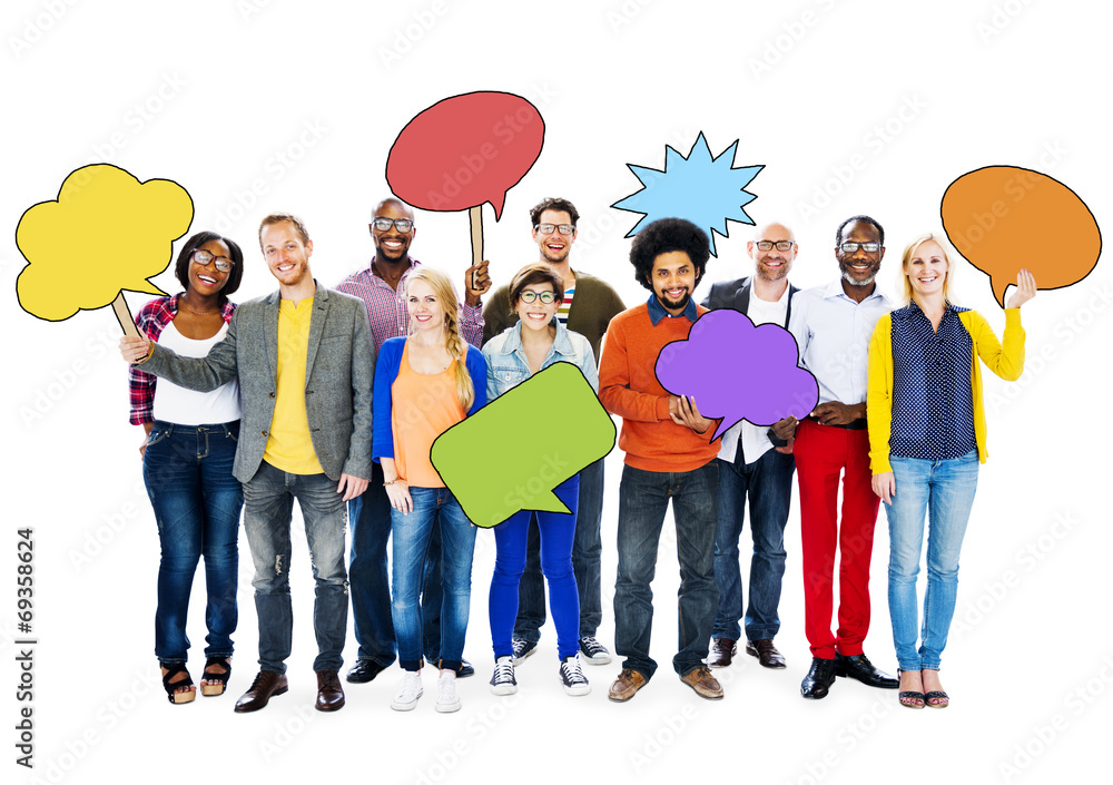 Wall mural Group of People Holding Colorful Speech Bubbles - Wall murals