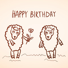 Happy birthday card. Funny sheep girl and boy with flower. Sketc