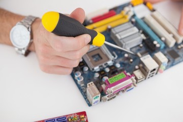 Computer engineer working on cpu with screwdriver