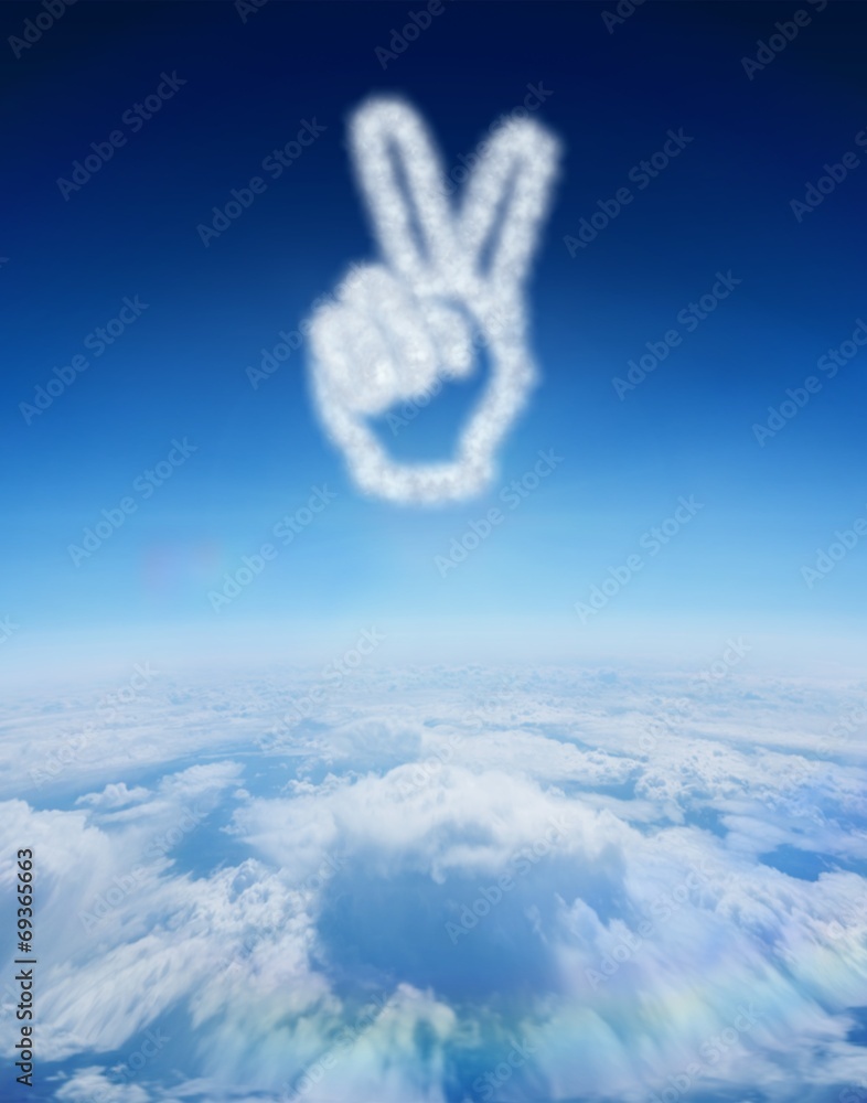 Poster composite image of cloud in shape of hand making peace sign